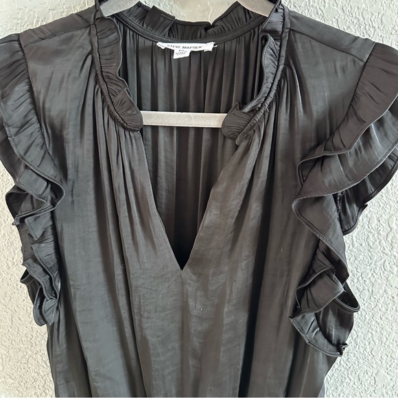 Steve Madden Black Ruffle Sleeve Pleated Mini Dress | Smocked Waist | Size M - Picture 2 of 11